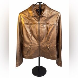 Alfani 100% Leather Bronze Metallic Zip Jacket Women’s Large